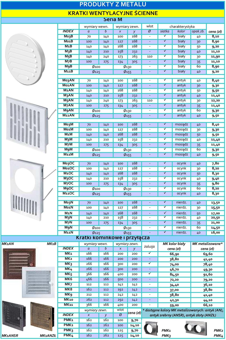 biały 30,90 M7B 00 275 34 305 - biały 35,0 M9B Ø00 Ø30 - biały 60 8,90 MB Ø25 Ø55 - biały 40 9,20 M03AN 70 40 00 68 - antyk 40 8,40 M0AN 00 40 27 68 - antyk 30 9,30 MAN 40 40 68 68 - antyk 50 9,50