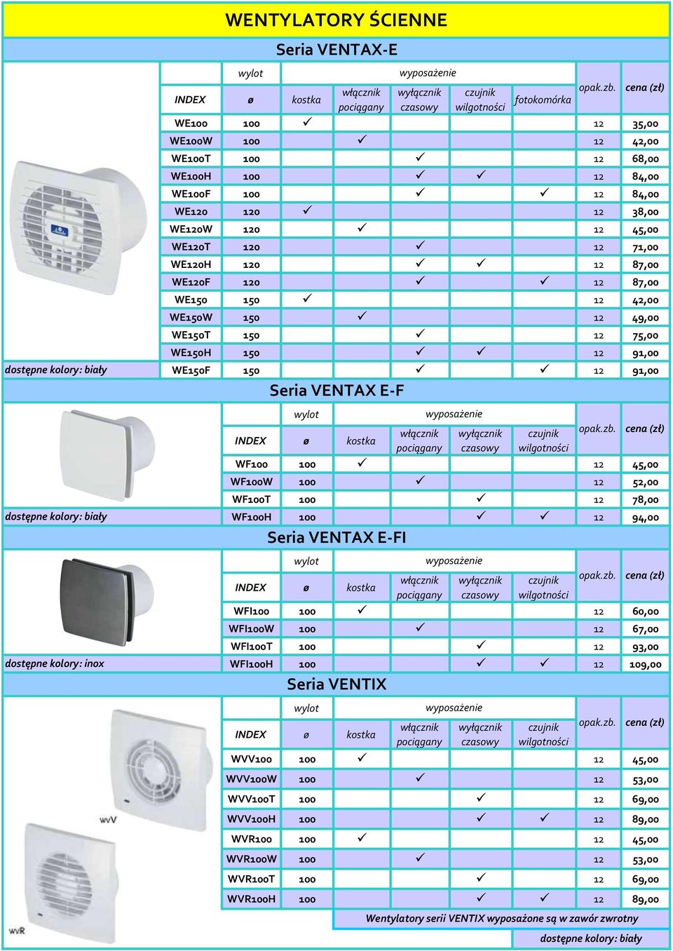 45,00 WF00W 00 2 52,00 WF00T 00 2 78,00 WF00H 00 2 94,00 Seria VENTAX E-FI wylot WFI00 00 2 60,00 WFI00W 00 2 67,00 WFI00T 00 2 93,00 WFI00H 00 2 09,00 Seria VENTIX wylot WVV00 00