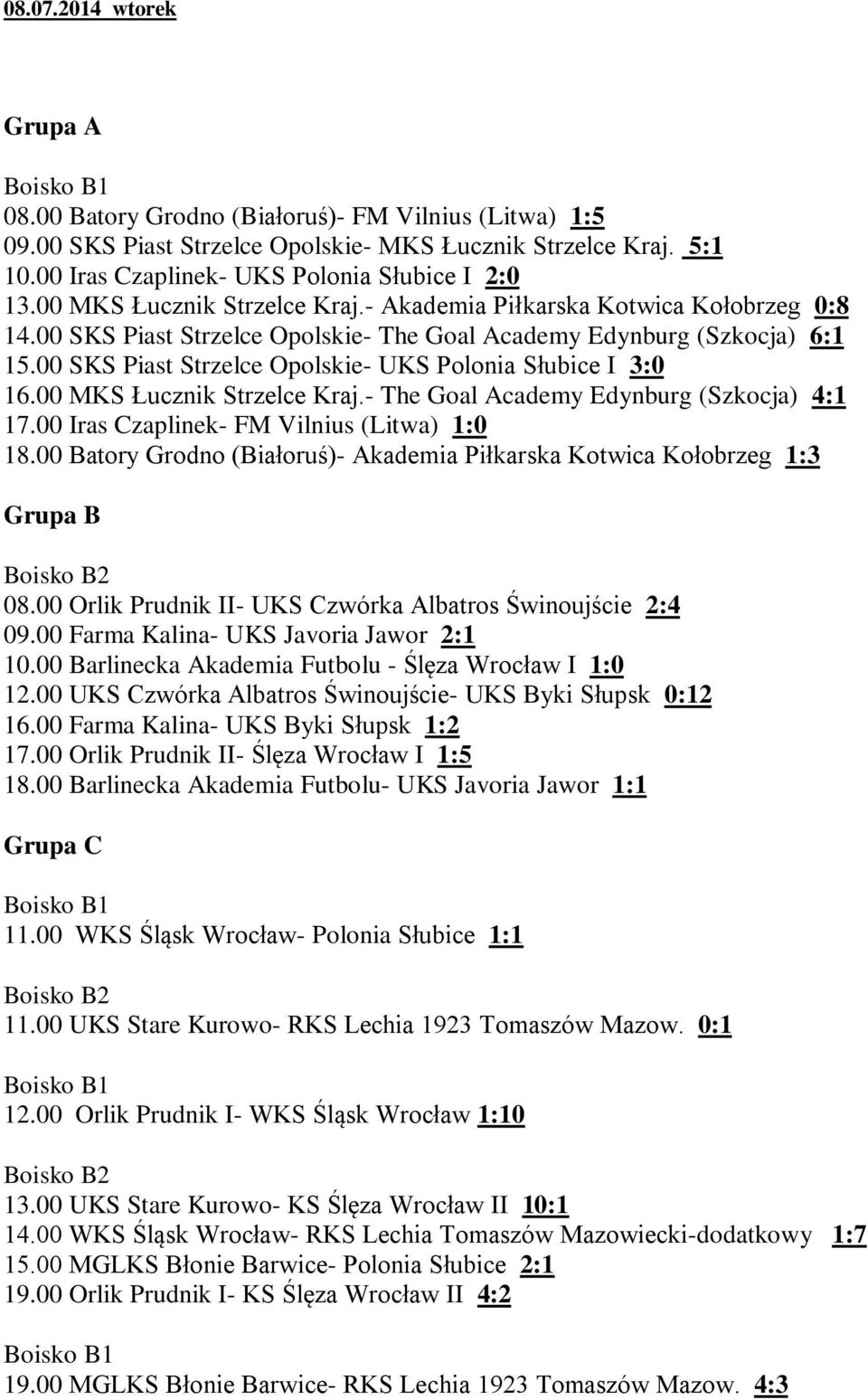 00 SKS Piast Strzelce Opolskie- UKS Polonia Słubice I 3:0 16.00 MKS Łucznik Strzelce Kraj.- The Goal Academy Edynburg (Szkocja) 4:1 17.00 Iras Czaplinek- FM Vilnius (Litwa) 1:0 18.
