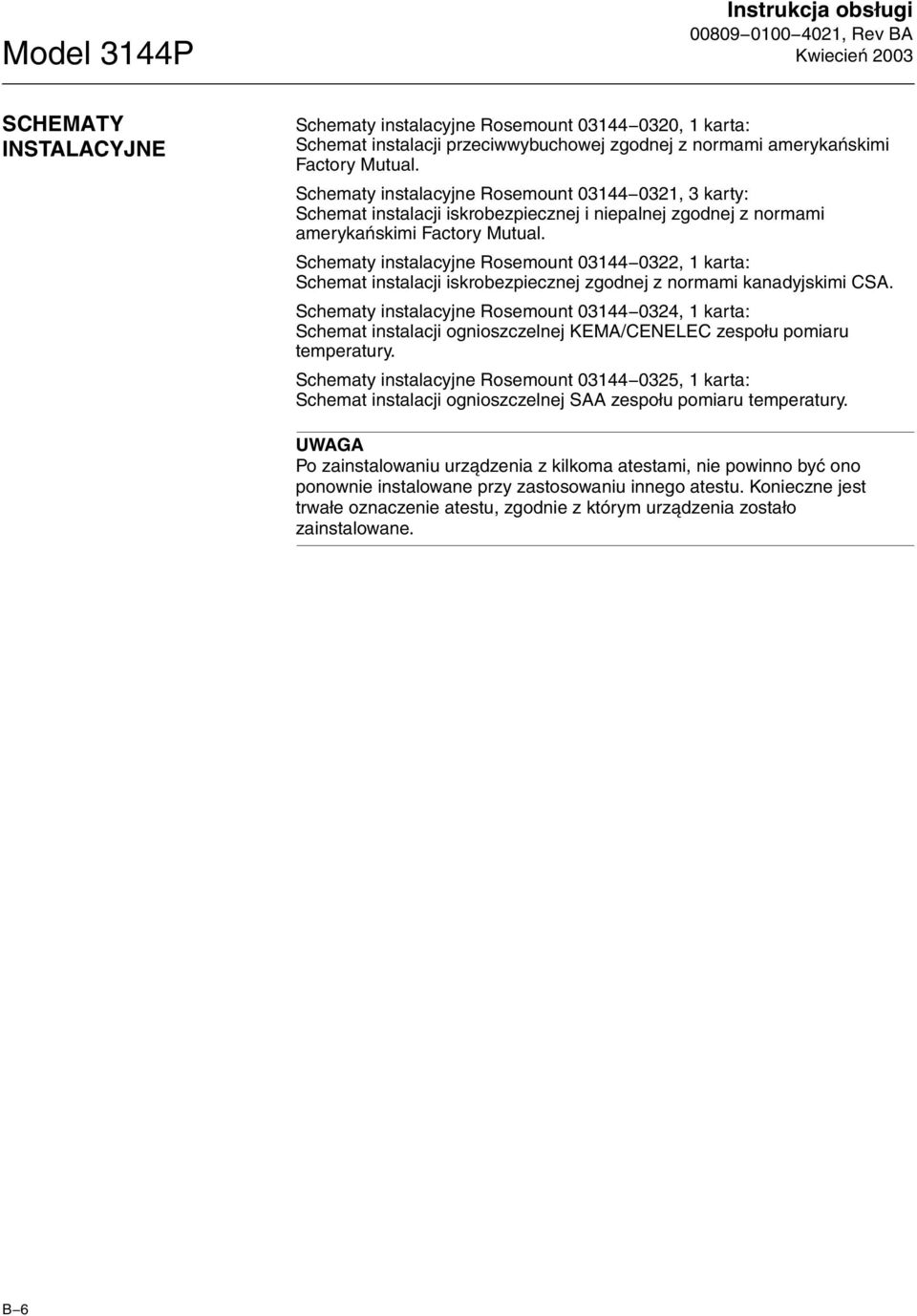 Schematy instalacyjne Rosemount 03144 0322, 1 karta: Schemat instalacji iskrobezpiecznej zgodnej z normami kanadyjskimi CSA.