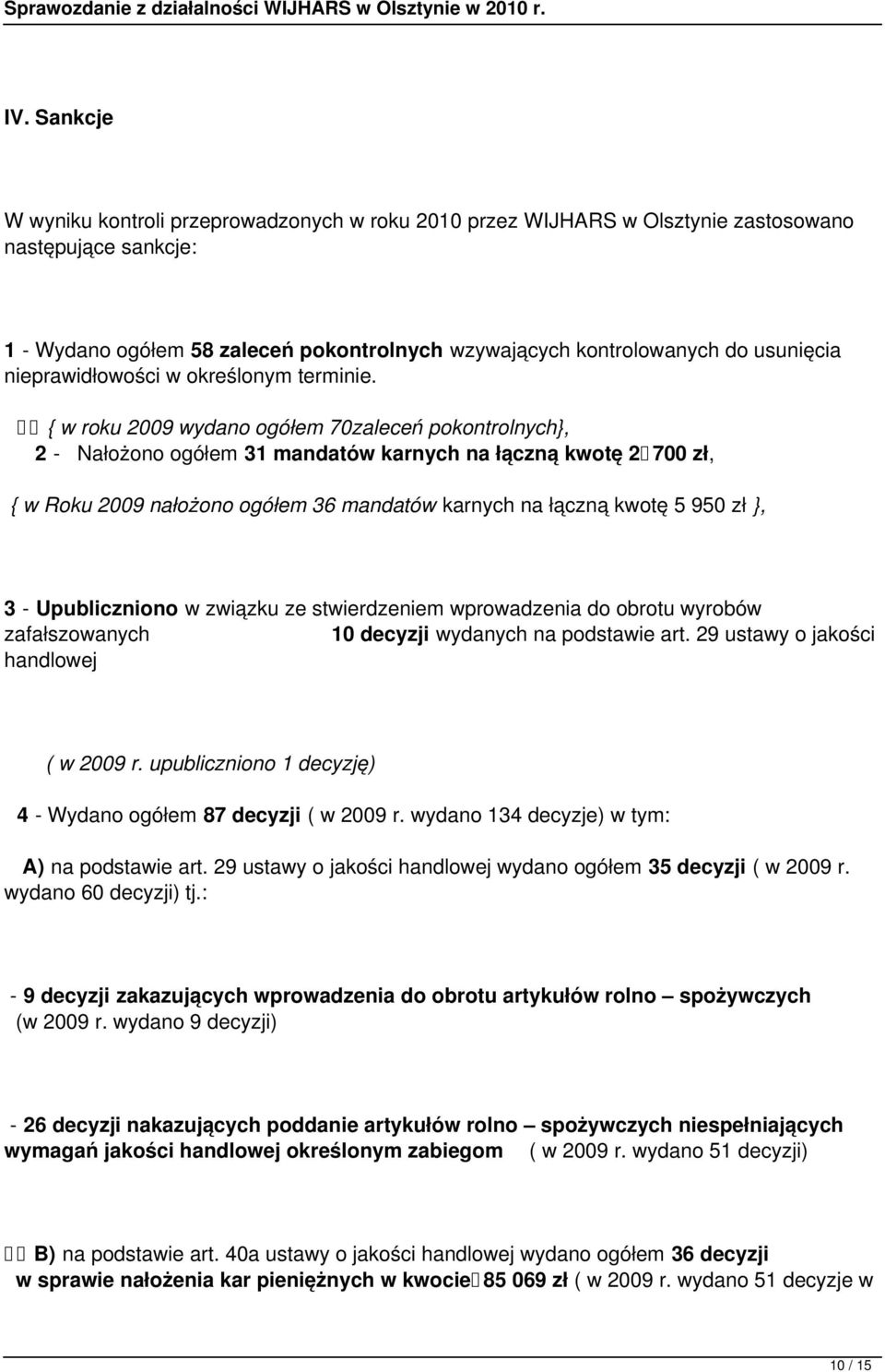 { w roku 2009 wydano ogółem 70zaleceń pokontrolnych}, 2 - Nałożono ogółem 31 mandatów karnych na łączną kwotę 2 700 zł, { w Roku 2009 nałożono ogółem 36 mandatów karnych na łączną kwotę 5 950 zł }, 3