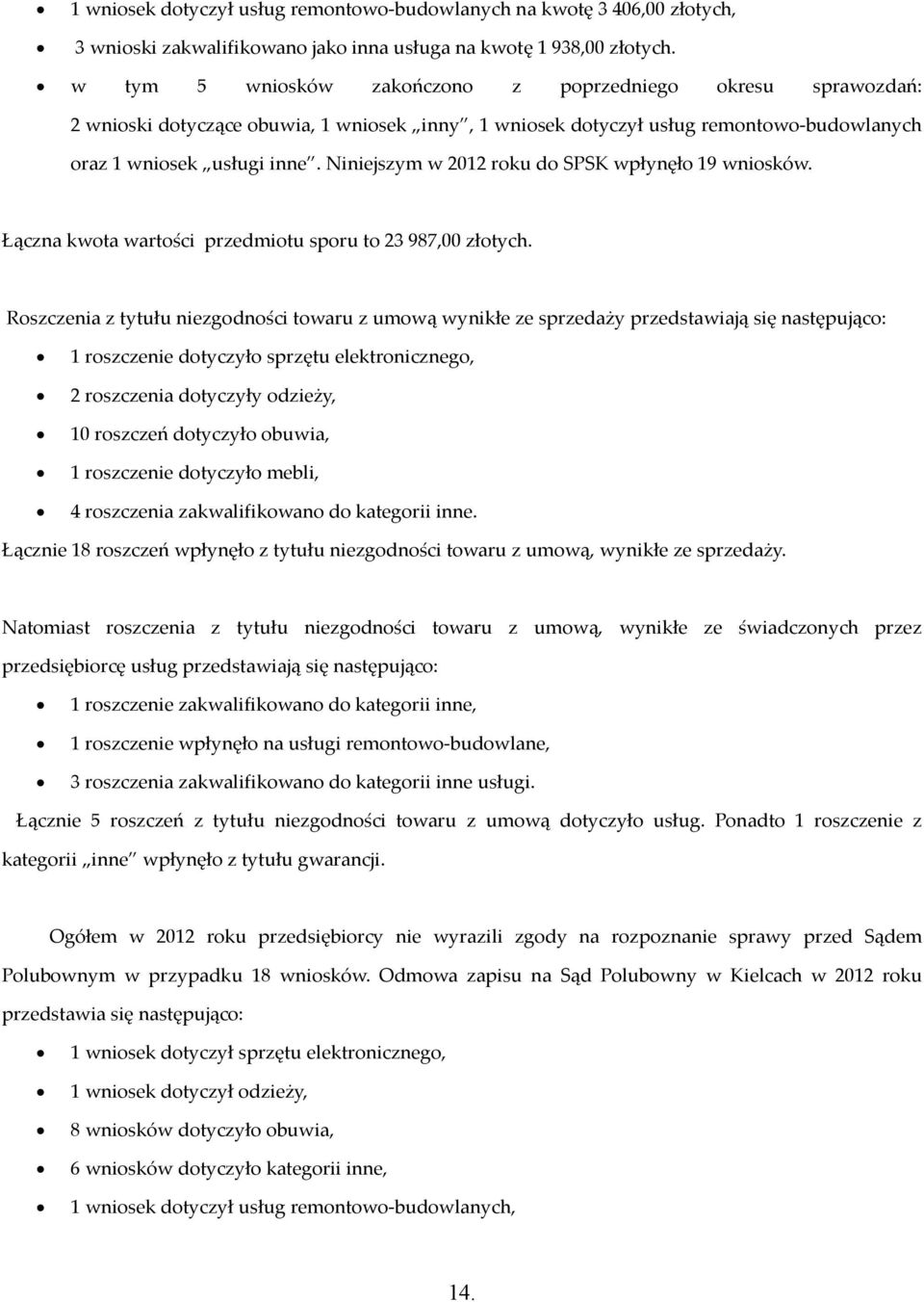 Niniejszym w 2012 roku do SPSK wpłynęło 19 wniosków. Łączna kwota wartości przedmiotu sporu to 23 987,00 złotych.