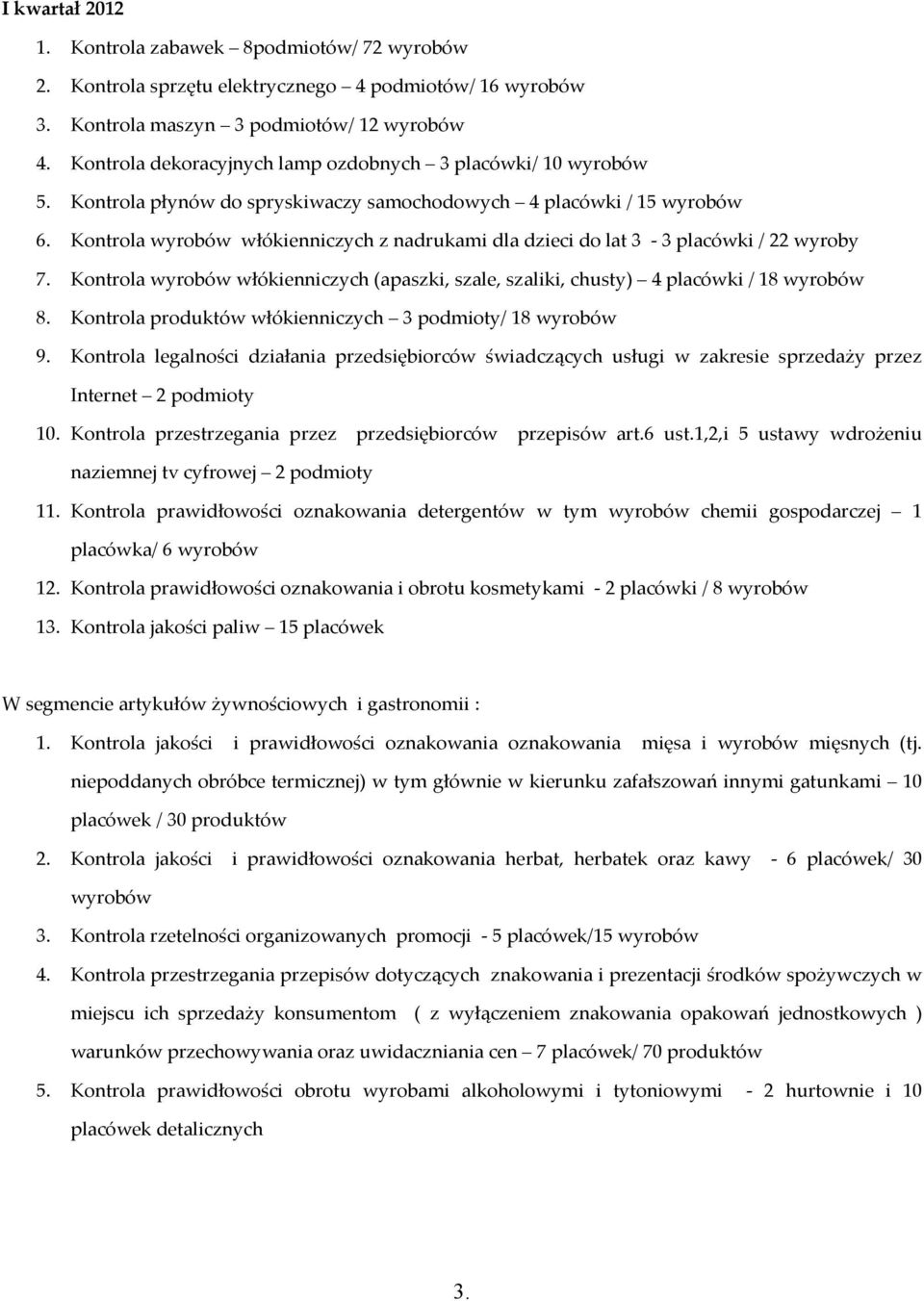Kontrola wyrobów włókienniczych z nadrukami dla dzieci do lat 3-3 placówki / 22 wyroby 7. Kontrola wyrobów włókienniczych (apaszki, szale, szaliki, chusty) 4 placówki / 18 wyrobów 8.