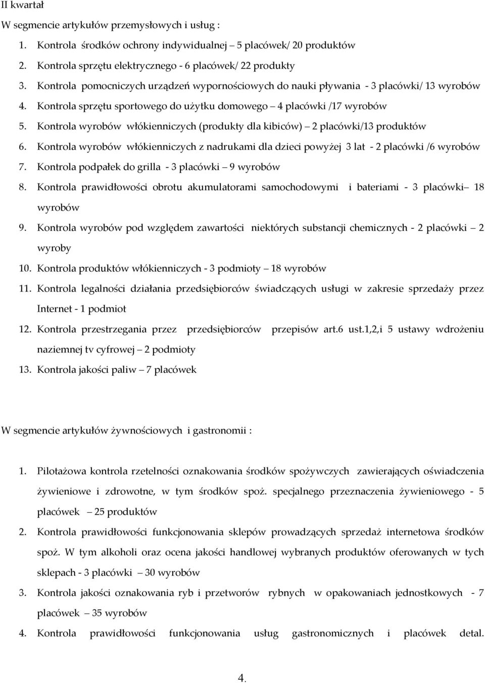 Kontrola wyrobów włókienniczych (produkty dla kibiców) 2 placówki/13 produktów 6. Kontrola wyrobów włókienniczych z nadrukami dla dzieci powyżej 3 lat - 2 placówki /6 wyrobów 7.