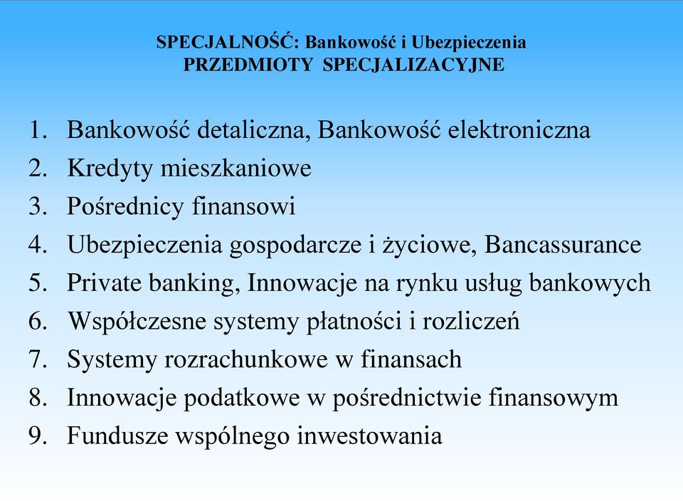 Ubezpieczenia gospodarcze i życiowe, Bancassurance 5. Private banking, Innowacje na rynku usług bankowych 6.