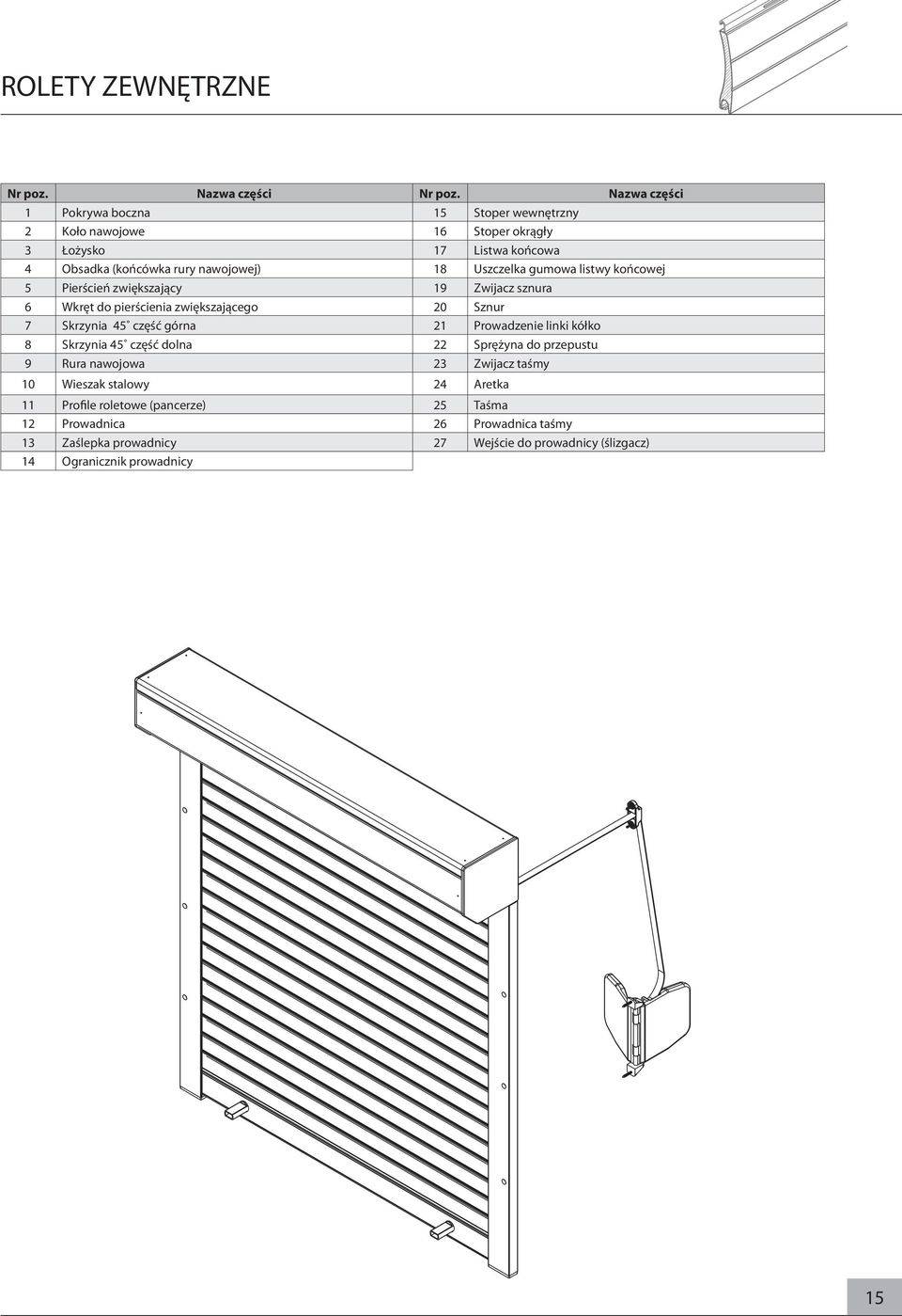 gumowa listwy końcowej 5 Pierścień zwiększający 19 Zwijacz sznura 6 Wkręt do pierścienia zwiększającego 20 Sznur 7 Skrzynia 45 część górna 21 Prowadzenie linki