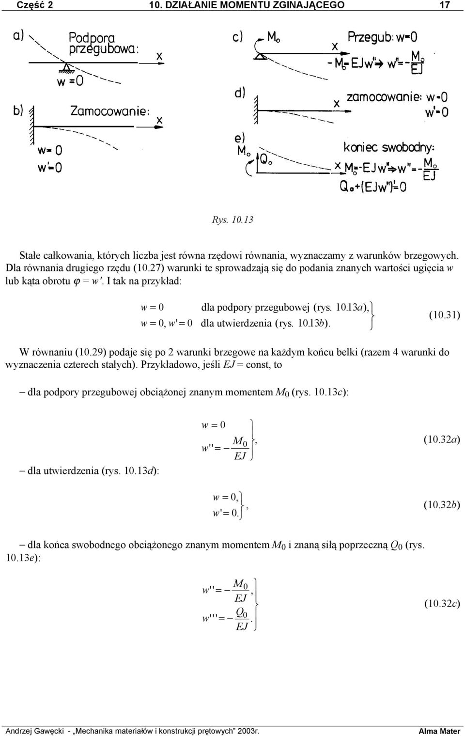 (10.31) W równaniu (10.9) podaje się po warunki brzegowe na każdym końcu belki (razem 4 warunki do wyznaczenia czterech stałych).