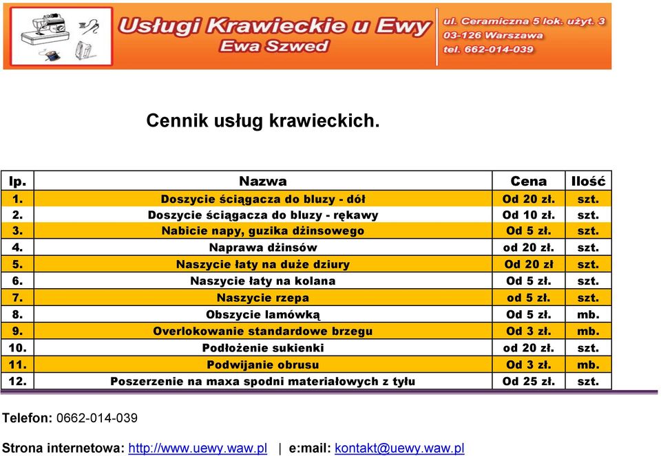 Cennik usług krawieckich. - PDF Darmowe pobieranie