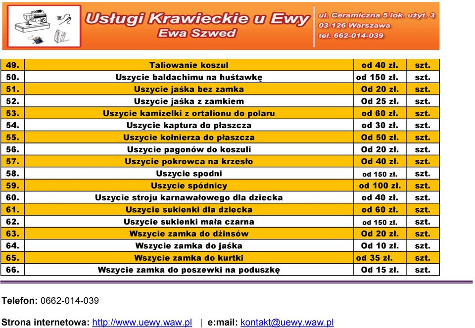 Cennik usług krawieckich. - PDF Darmowe pobieranie