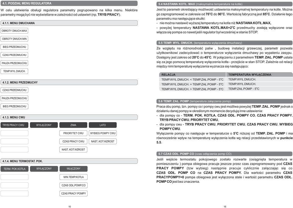 MAX (maksymalna temperatura na ktle) Jest t parametr kreślający mżliwść ustawienia maksymalnej temperatury na ktle. Mżna g zaprgramwać w zakresie d 70 d 90. Wartścią fabryczną jest 85.