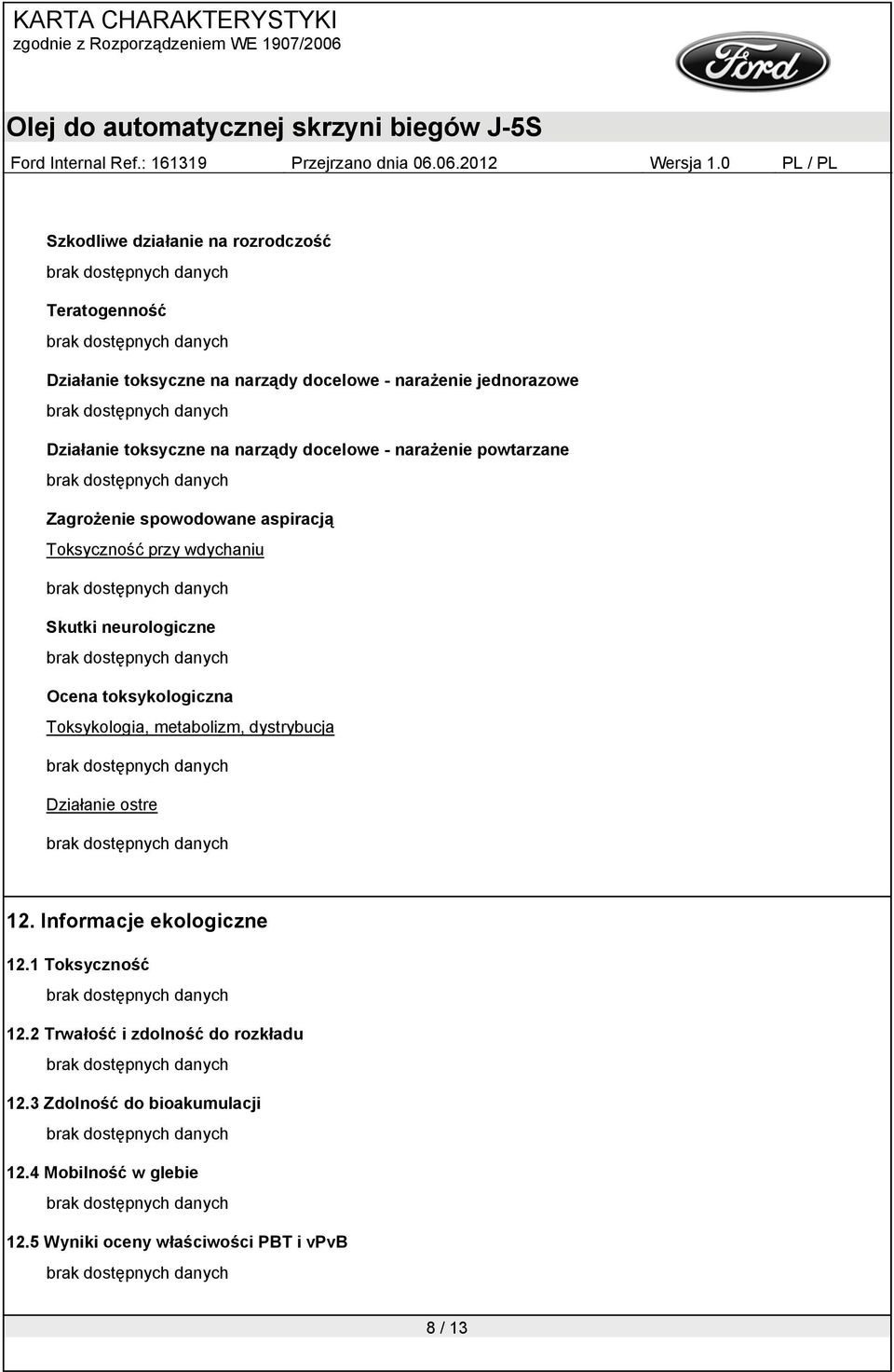 neurologiczne Ocena toksykologiczna Toksykologia, metabolizm, dystrybucja Działanie ostre 12. Informacje ekologiczne 12.