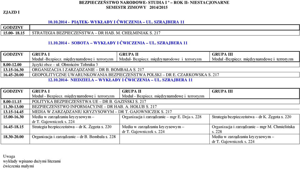 00 GEOPOLITYCZNE UWARUNKOWANIA BEZPIECZEŃSTWA POLSKI DR E. CZARKOWSKA S. 217 12.10.2014- NIEDZIELA WYKŁADY I ĆWICZENIA UL. SZRAJBERA 11 I 8.00-11.15 POLITYKA BEZPIECZEŃSTWA UE DR B. GAZIŃSKI S.