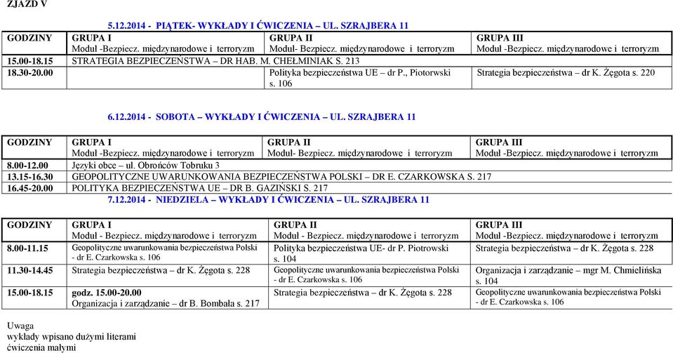 45-20.00 POLITYKA BEZPIECZEŃSTWA UE DR B. GAZIŃSKI S. 217 7.12.2014 - NIEDZIELA WYKŁADY I ĆWICZENIA UL. SZRAJBERA 11 8.00-11.