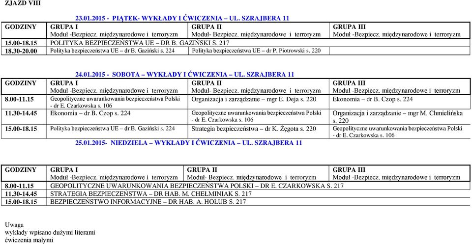 15 Geopolityczne uwarunkowania bezpieczeństwa Polski Organizacja i zarządzanie mgr E. Deja s. 220 Ekonomia dr B. Czop s. 224 11.30-14.45 Ekonomia dr B. Czop s. 224 Geopolityczne uwarunkowania bezpieczeństwa Polski s.