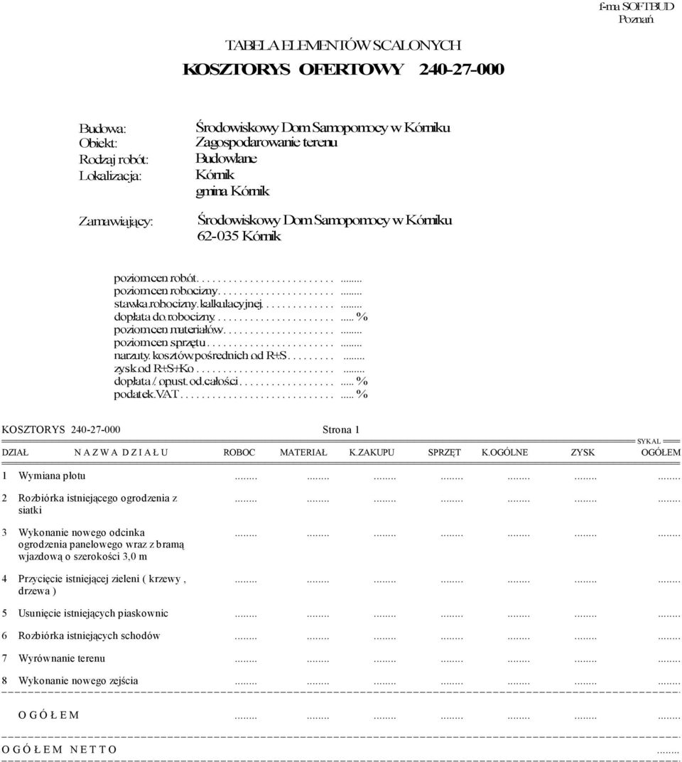 KOSZTORYS 240-27-000 Strona 1 DZIAŁ D Z I A Ł U ROBOC MATERIAŁ K.ZAKUPU SPRZĘT K.