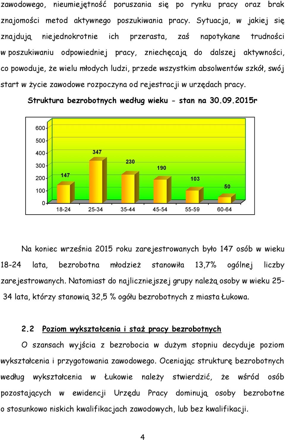 przede wszystkim absolwentów szkół, swój start w życie zawodowe rozpoczyna od rejestracji w urzędach pracy. Struktura bezrobotnych według wieku - stan na 30.09.