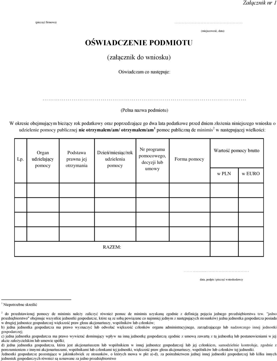podatkowy oraz poprzedzające go dwa lata podatkowe przed dniem złożenia niniejszego wniosku o udzielenie pomocy publicznej nie otrzymałem/am/ otrzymałem/am 1 pomoc publiczną de minimis 2 w