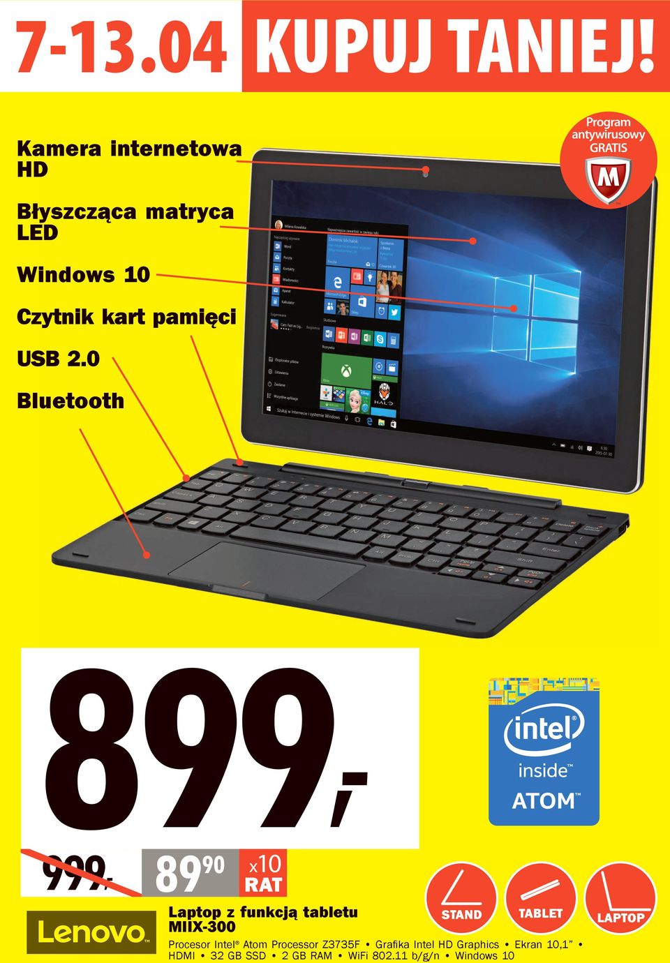 0 Bluetooth 899, 999, 89 90 Laptop z funkcją tabletu MIIX-300 STAND TABLET