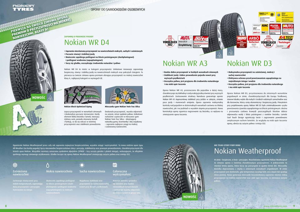 Nokian WR D3 205/55 R 16 91H Testsieger VORBILDLICH 2014 Zapewnia niezrównaną przyczepność na nawierzchniach mokrych, suchych i zaśnieżonych Poczucie równej i stabilnej jazdy Skutecznie zapobiega