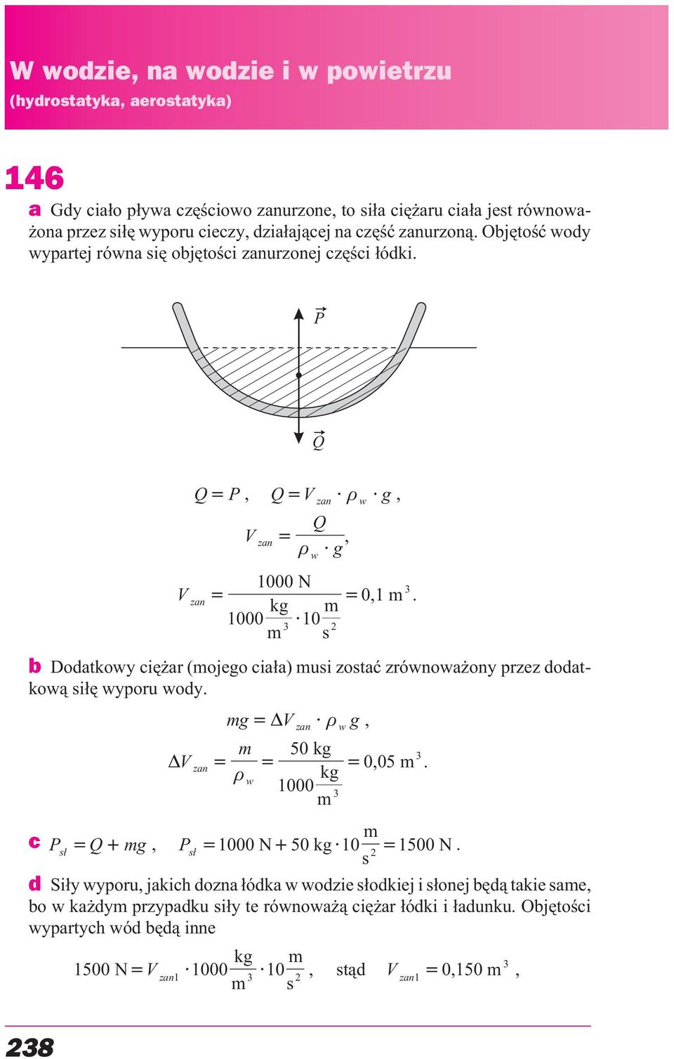 P Q Q P, QV g, V zan zan Q, g 1000 N V zan 1000 kg m 10 m s w 3 2 w 0,1 m b Dodatkowy ciê ar (mojego cia³a) musi zostaæ zrównowa ony przez dodatkow¹ si³ê wyporu wody. mg V g, V zan zan w 3.