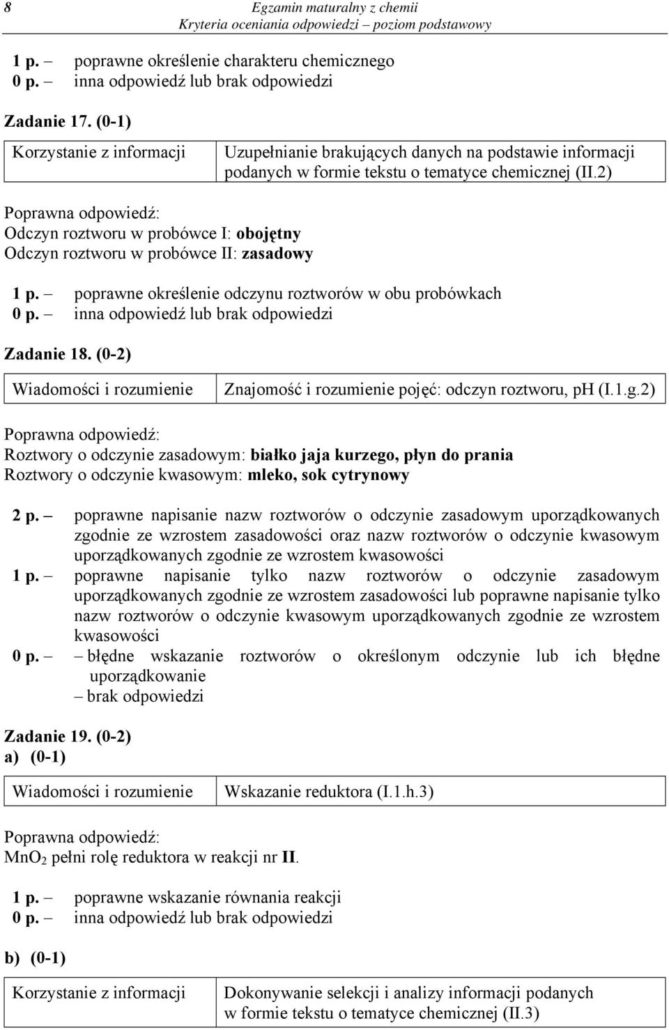poprawne określenie odczynu roztworów w obu probówkach Zadanie 18. (0-2) Znajomość i rozumienie pojęć: odczyn roztworu, ph (I.1.g.