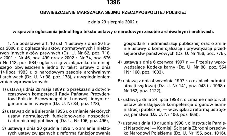 676 i Nr 113, poz. 984) og asza si w za àczniku do niniejszego obwieszczenia jednolity tekst ustawy z dnia 14 lipca 1983 r. o narodowym zasobie archiwalnym i archiwach (Dz. U. Nr 38, poz.
