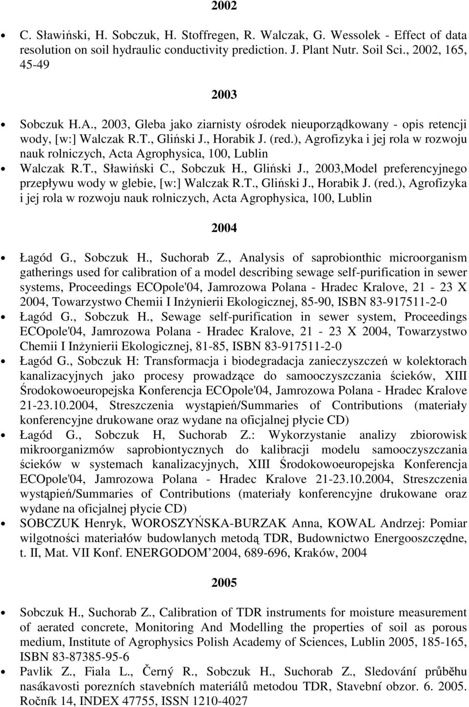 ), Agrofizyka i jej rola w rozwoju nauk rolniczych, Acta Agrophysica, 100, Lublin Walczak R.T., Sławiński C., Sobczuk H., Gliński J.