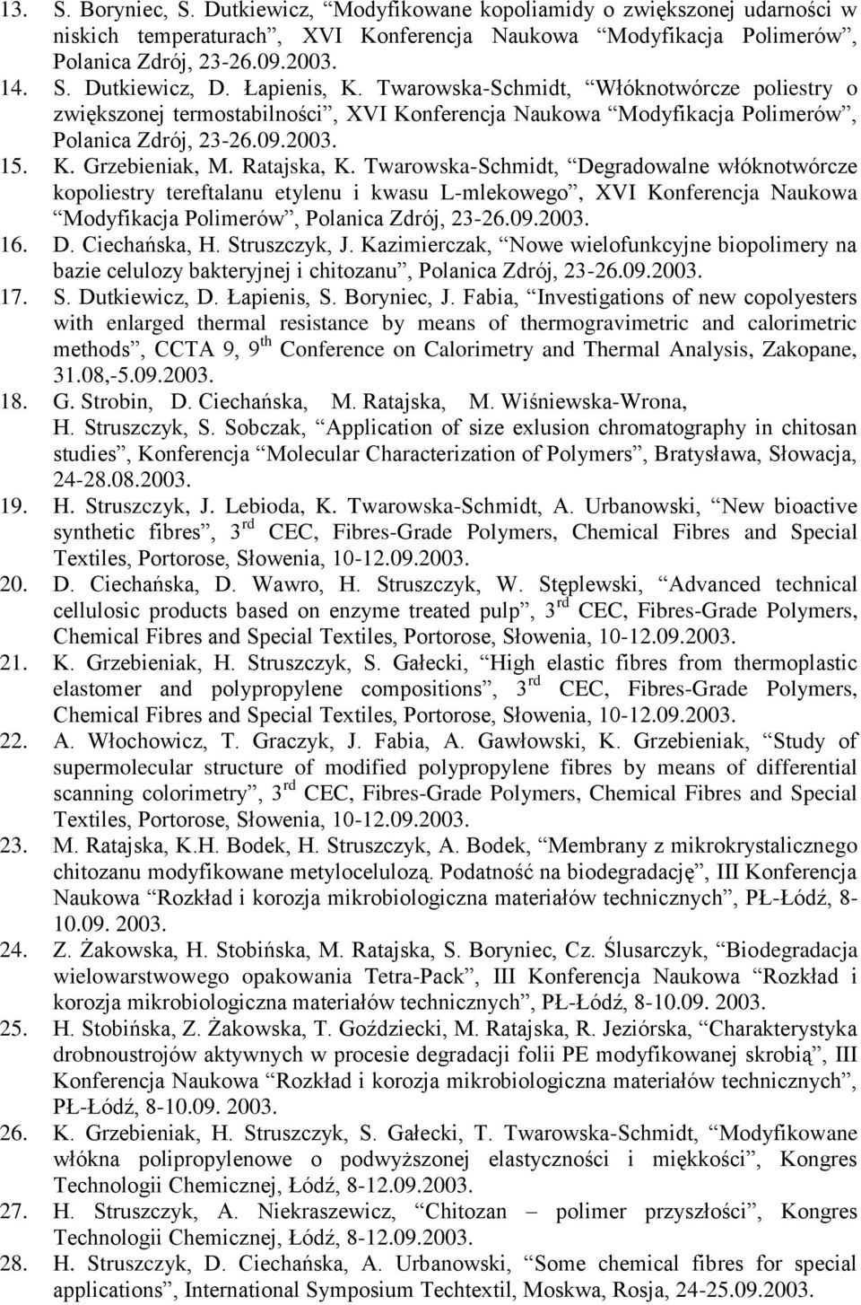 Ratajska, K. Twarowska-Schmidt, Degradowalne włóknotwórcze kopoliestry tereftalanu etylenu i kwasu L-mlekowego, XVI Konferencja Naukowa Modyfikacja Polimerów, Polanica Zdrój, 23-26.09.2003. 16. D. Ciechańska, H.