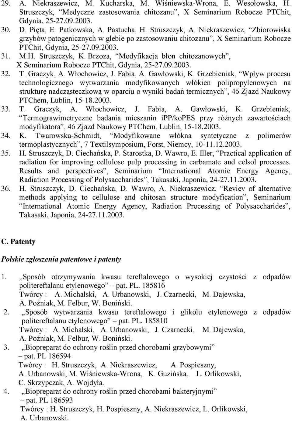 Brzoza, Modyfikacja błon chitozanowych, X Seminarium Robocze PTChit, Gdynia, 25-27.09.2003. 32. T. Graczyk, A. Włochowicz, J. Fabia, A. Gawłowski, K.