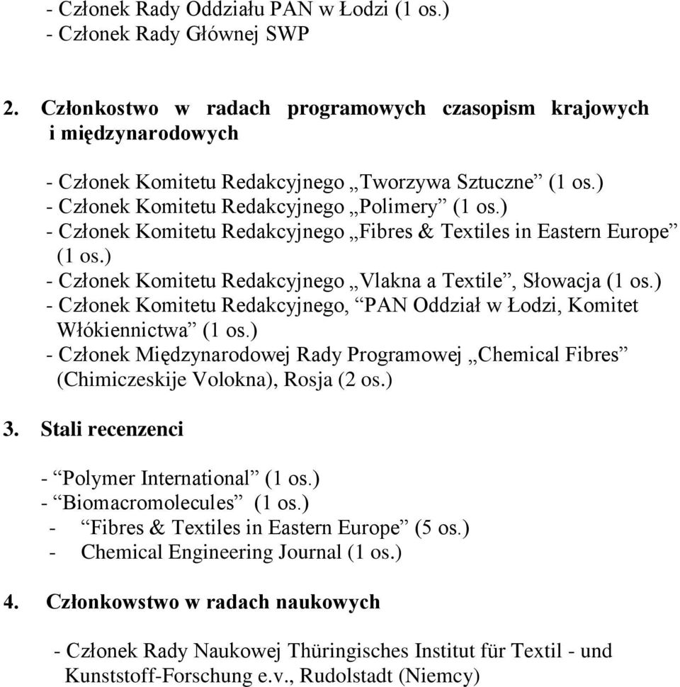 ) - Członek Komitetu Redakcyjnego Fibres & Textiles in Eastern Europe (1 os.) - Członek Komitetu Redakcyjnego Vlakna a Textile, Słowacja (1 os.