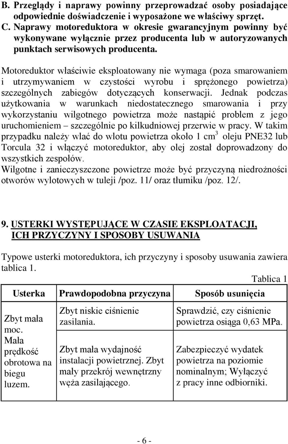 Motoreduktor właściwie eksploatowany nie wymaga (poza smarowaniem i utrzymywaniem w czystości wyrobu i sprężonego powietrza) szczególnych zabiegów dotyczących konserwacji.