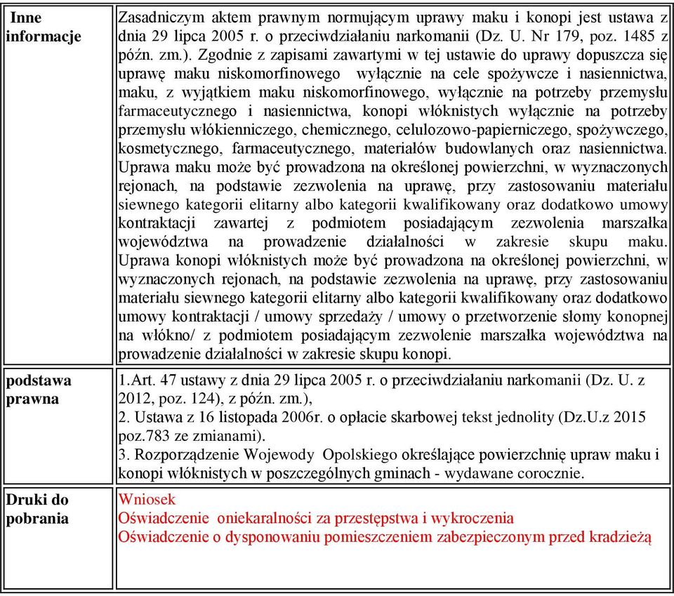 Zgodnie z zapisami zawartymi w tej ustawie do uprawy dopuszcza się uprawę maku niskomorfinowego wyłącznie na cele spożywcze i nasiennictwa, maku, z wyjątkiem maku niskomorfinowego, wyłącznie na