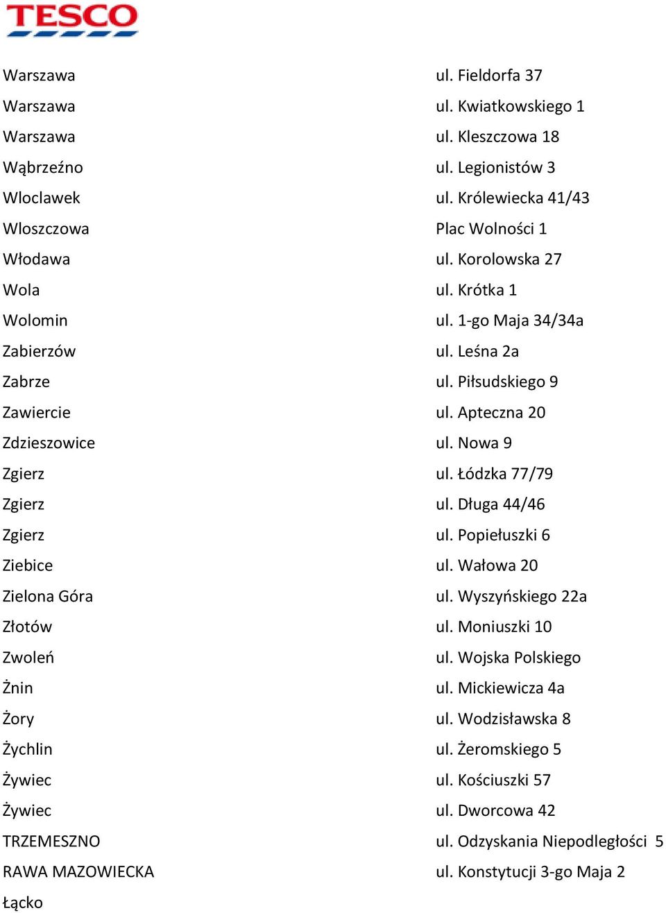 Łódzka 77/79 Zgierz ul. Długa 44/46 Zgierz ul. Popiełuszki 6 Ziebice ul. Wałowa 20 Zielona Góra ul. Wyszyńskiego 22a Złotów ul. Moniuszki 10 Zwoleń ul. Wojska Polskiego Żnin ul.