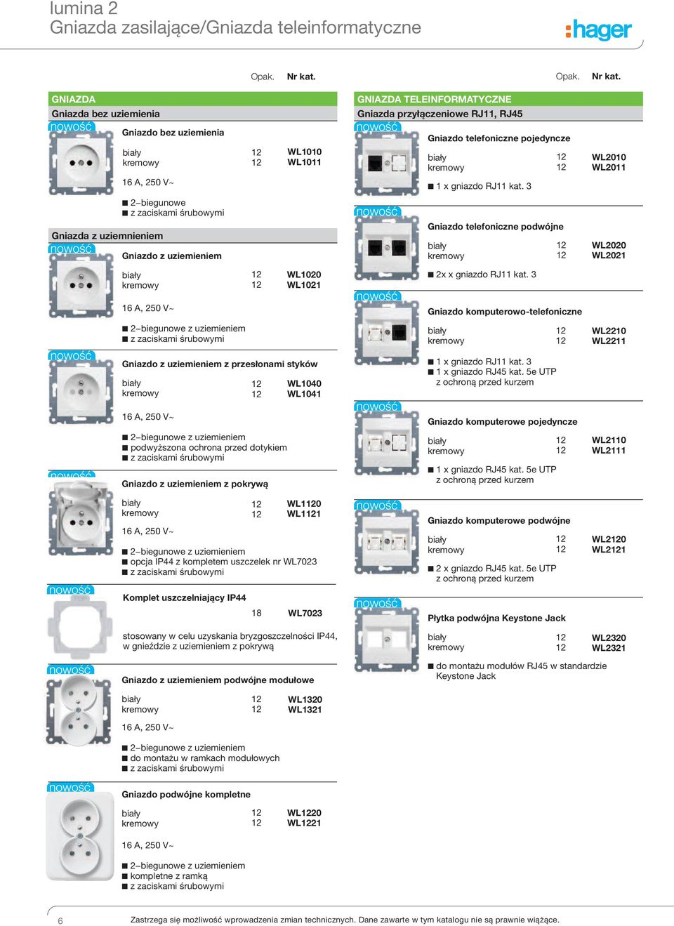 GNIaZda Gniazda bez uziemienia GNIaZda TeLeINFORmaTyCZNe Gniazda przyłączeniowe RJ11, RJ45 Gniazdo bez uziemienia WL1010 WL1011 Gniazdo telefoniczne pojedyncze WL2010 WL2011 16 A, 0 V~ 1 x gniazdo