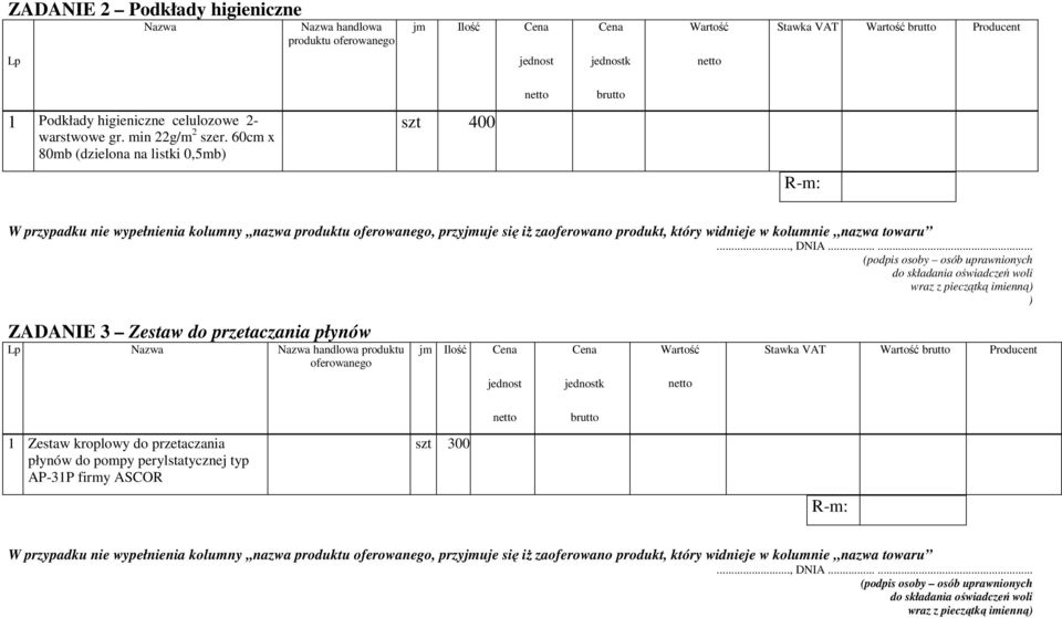 60cm x 80mb (dzielona na listki 0,5mb) szt 400 ) ZADANIE 3 Zestaw do przetaczania płynów