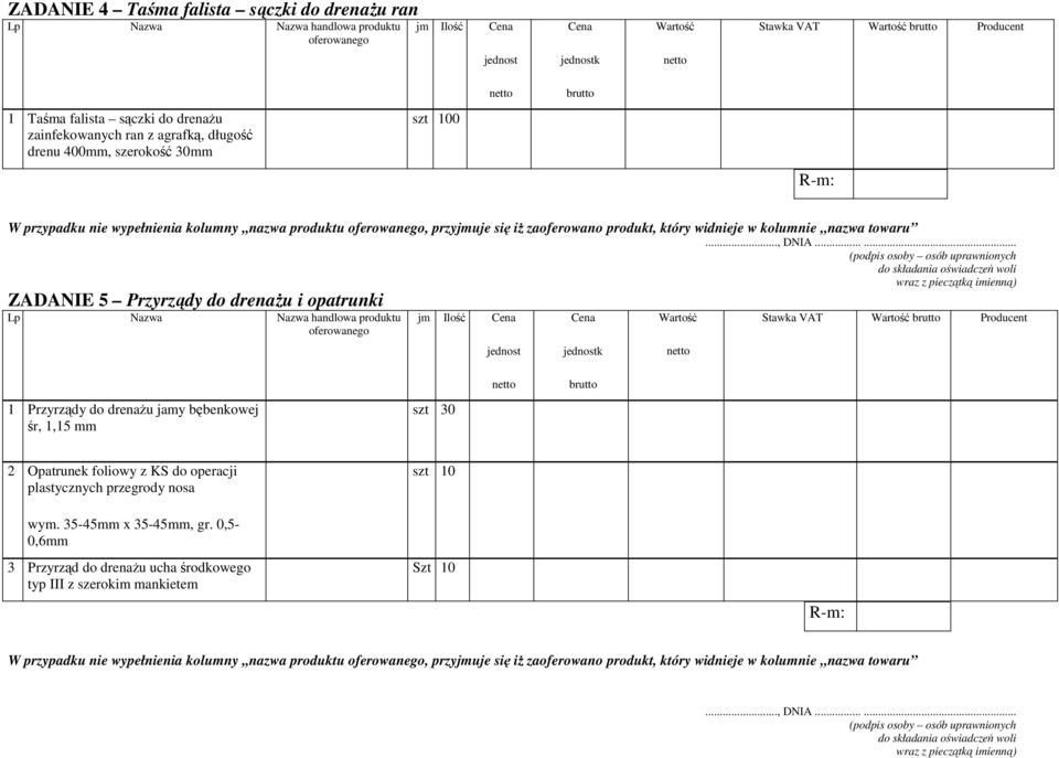 Producent 1 Przyrządy do drenażu jamy bębenkowej śr, 1,15 mm szt 30 2 Opatrunek foliowy z KS do operacji plastycznych