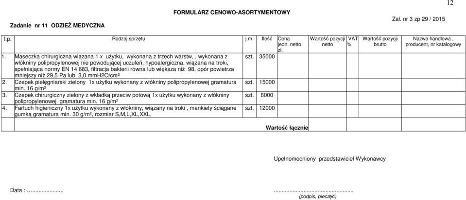 niż 29,5 Pa lub 3,0 mmh2o/cm² 2. Czepek pielęgniarski zielony 1x użytku wykonany z włókniny polipropylenowej gramatura szt. 15000 min. 16 g/m² 3.