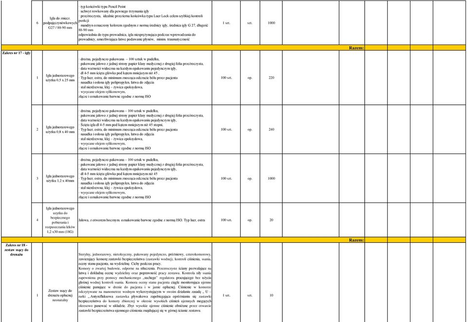 mandryn oznaczony kolorem zgodnym z normą średnicy igły, średnica igły G 7, długość 88-90 mm odpowiednia do typu prowadnica, igła niesprężynująca podczas wprowadzania do prowadnicy, umożliwiająca
