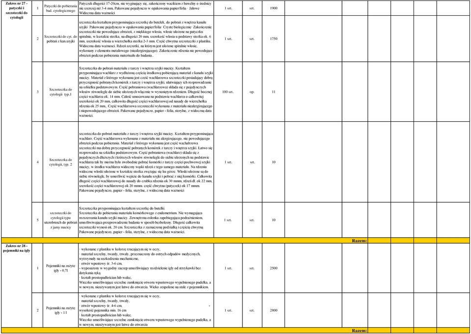 szczoteczka kształtem przypominająca szczotkę do butelek, do pobrań z wnętrza kanału szyjki Pakowane pojedynczo w opakowania papier/folia Czyste biologicznie Zakończenie szczoteczki nie powodujące