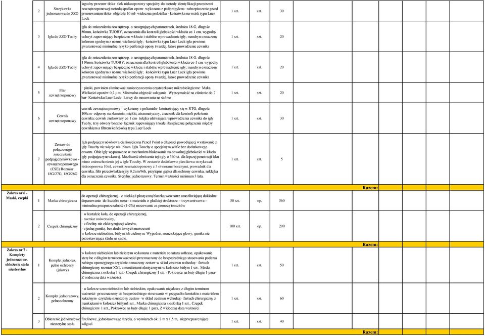 o następujących parametrach, średnica 8 G, długośc 80mm, końcówka TUOHY, oznaczenia dla kontroli głębokości wkłucia co cm, wygodny uchwyt zapewniający bezpieczne wkłucie i stabilne wprowadzenie igły;