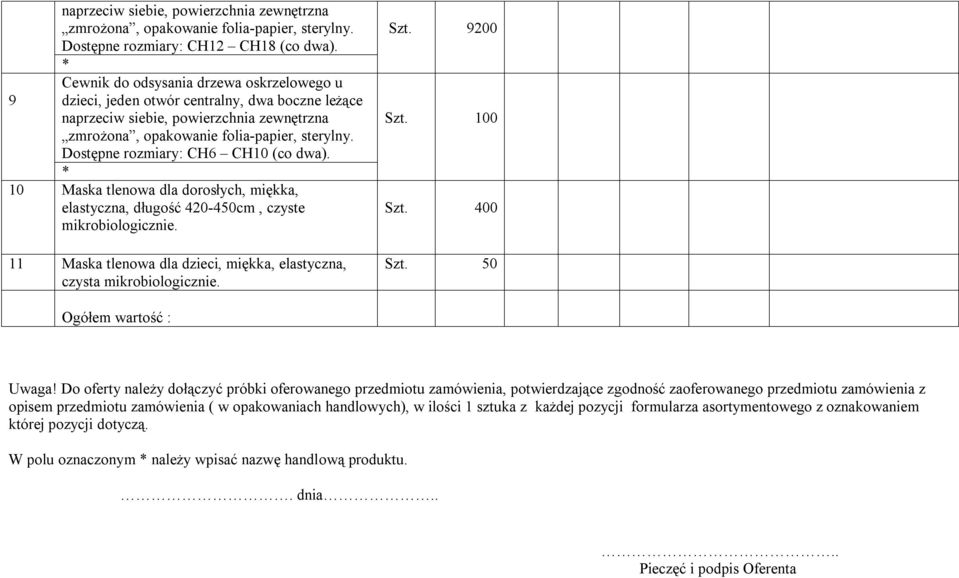 Dostępne rozmiary: CH6 CH10 (co dwa). 10 Maska tlenowa dla dorosłych, miękka, elastyczna, długość 420-450cm, czyste 11 Maska tlenowa dla dzieci, miękka, elastyczna, czysta Szt. 9200 Szt. 100 Szt.