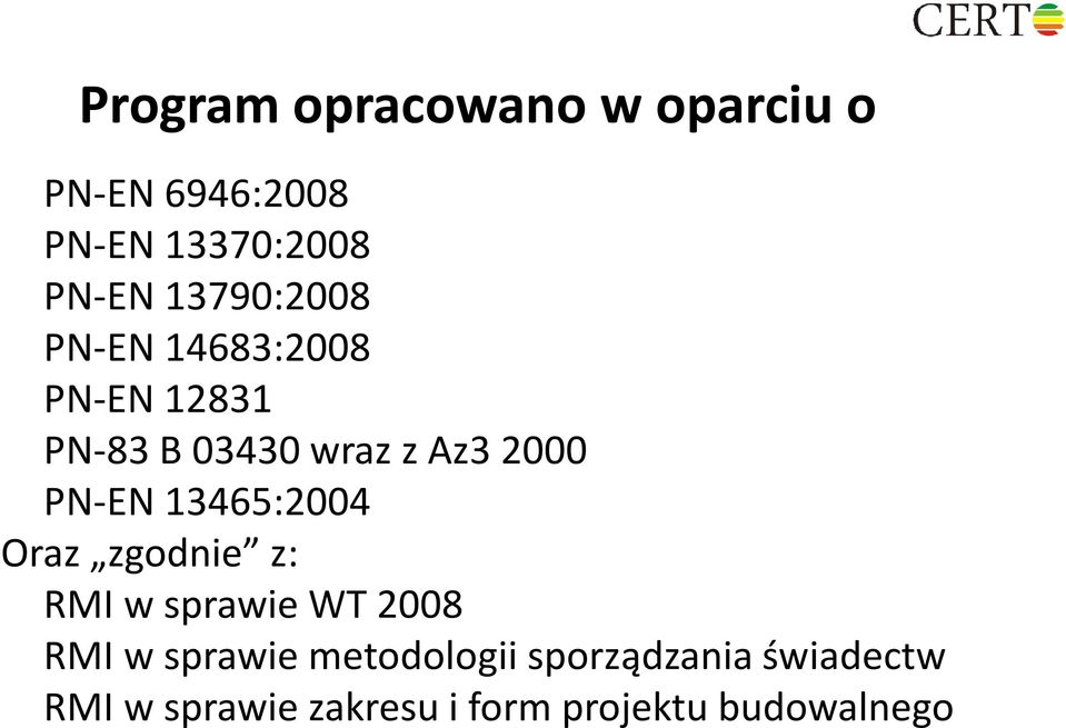 PN-EN 13465:2004 Oraz zgodnie z: RMI w sprawie WT 2008 RMI w sprawie