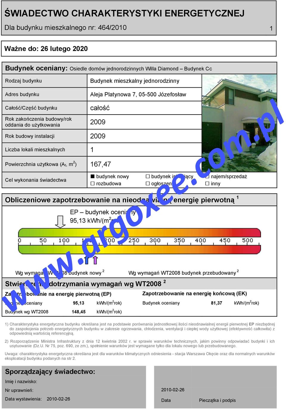 (A f, m 2 ) 167,47 Cel wykonania świadectwa budynek nowy rozbudowa budynek istniejący ogłoszenie najem/sprzedaż inny Obliczeniowe zapotrzebowanie na nieodnawialną energię pierwotną 1 EP budynek