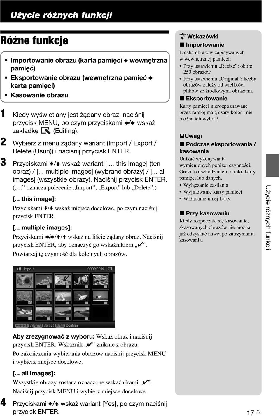 3 Przyciskami v/v wskaż wariant [... this image] (ten obraz) / [... multiple images] (wybrane obrazy) / [... all images] (wszystkie obrazy). Naciśnij przycisk ENTER. (... oznacza polecenie Import, Export lub Delete.