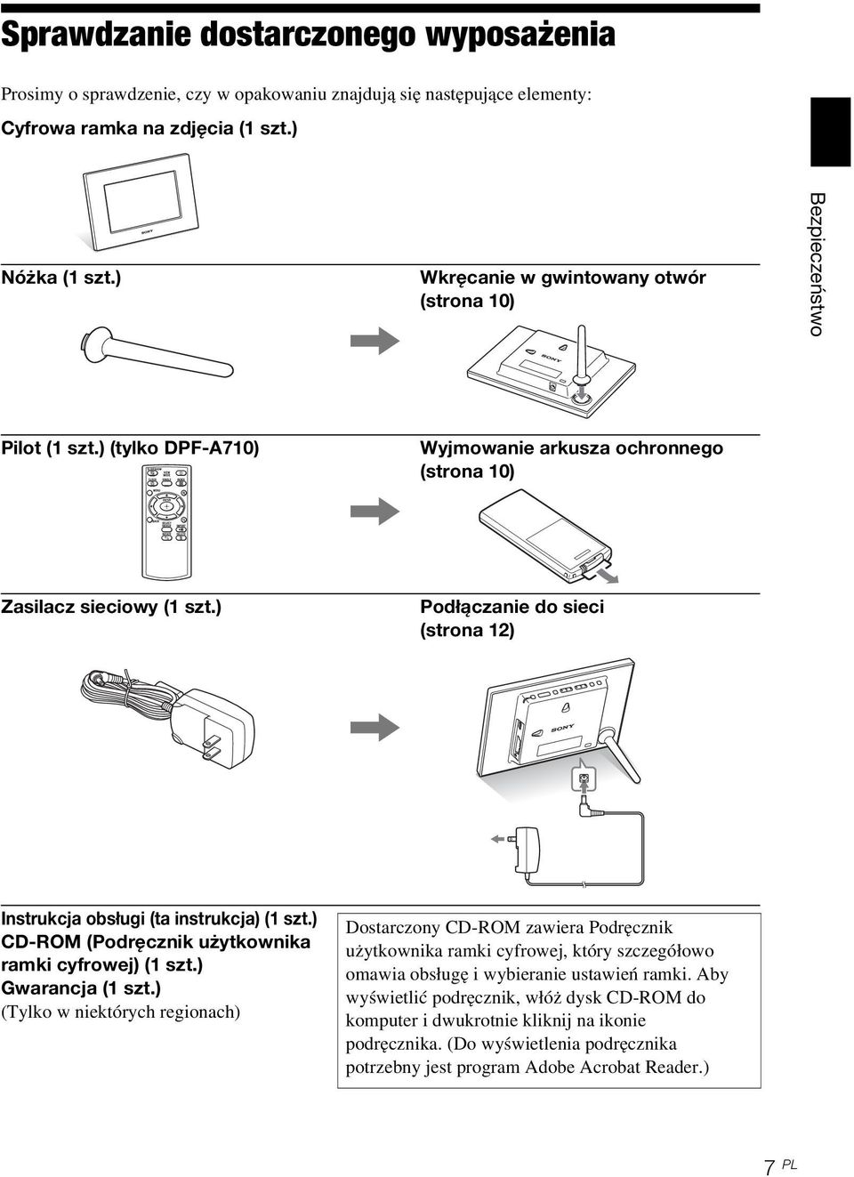 ) Podłączanie do sieci (strona 12), Instrukcja obsługi (ta instrukcja) (1 szt.) CD-ROM (Podręcznik użytkownika ramki cyfrowej) (1 szt.) Gwarancja (1 szt.