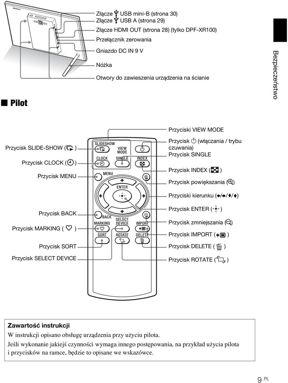 Przyciski kierunku (B/b/v/V) Przycisk BACK Przycisk MARKING ( ) Przycisk SORT Przycisk SELECT DEVICE Przycisk ENTER ( ) Przycisk zmniejszania ( ) Przycisk IMPORT ( ) Przycisk DELETE ( ) Przycisk