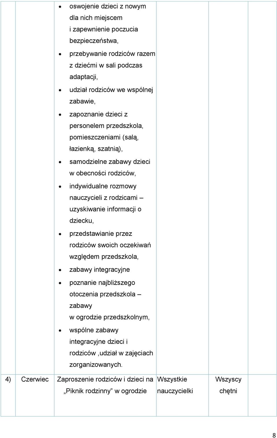 uzyskiwanie informacji o dziecku, przedstawianie przez rodziców swoich oczekiwań względem przedszkola, zabawy integracyjne poznanie najbliższego otoczenia przedszkola zabawy w ogrodzie