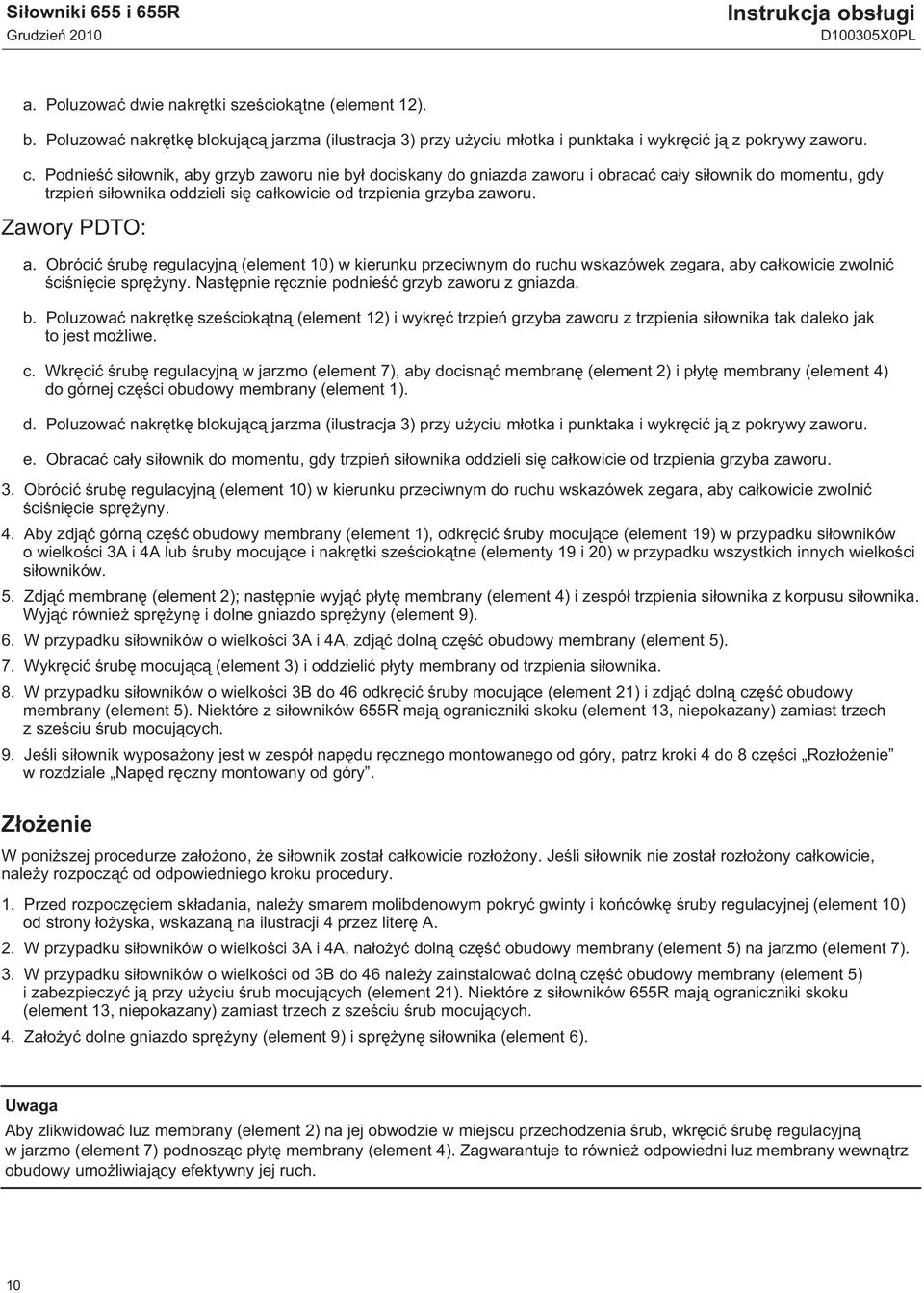 Podnieść siłownik, aby grzyb zaworu nie był dociskany do gniazda zaworu i obracać cały siłownik do momentu, gdy trzpień siłownika oddzieli się całkowicie od trzpienia grzyba zaworu. Zawory PDTO: a.