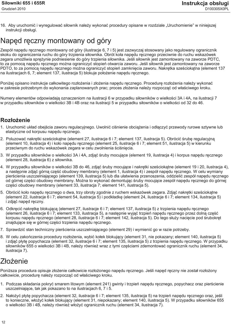 siłownika. Obrót koła napędu ręcznego przeciwnie do ruchu wskazówek zegara umożliwia sprężynie podniesienie do góry trzpienia siłownika.