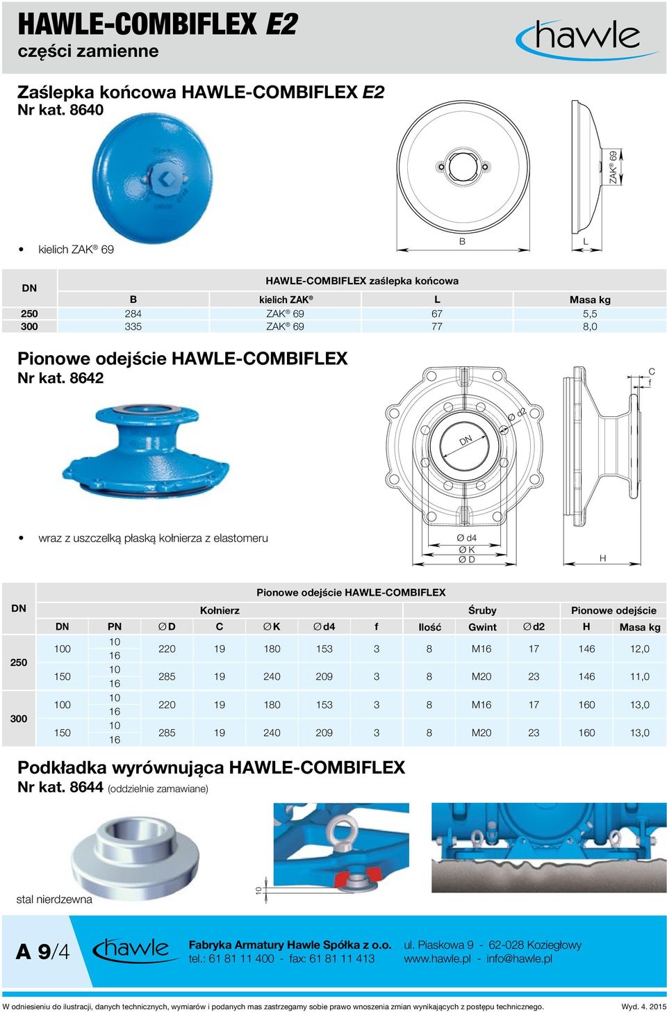 642 C f Ø d2 wraz z uszczelką płaską kołnierza z elastomeru Ø d4 Ø K Ø D Pionowe odejście AWE-COMBIFEX Kołnierz Śruby Pionowe odejście PN Ø D C Ø K Ø d4 f Ilość Gwint Ø d2 Masa kg 0 220 19 10 153